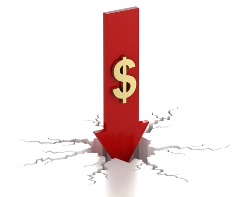 red arrow pointing down with dollar sign cracking the ground to represent depreciation