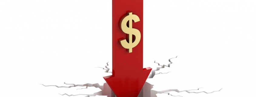 red arrow pointing down with dollar sign cracking the ground to represent depreciation