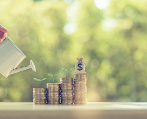 watering can pouring on stacks of coins representing business growth