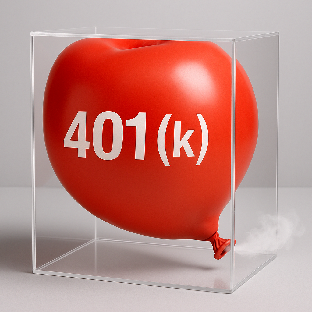 A red 401(k) balloon squeezed inside a clear box, showing why retirement plans need room to breathe 4o