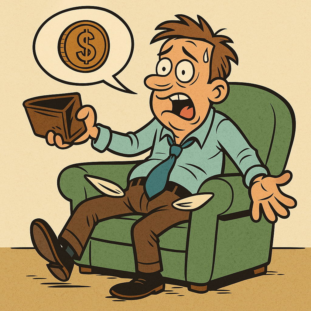 Cartoon of a distressed man sitting in an armchair, holding an empty wallet with a single coin floating in a speech bubble above him, symbolizing financial struggle.
