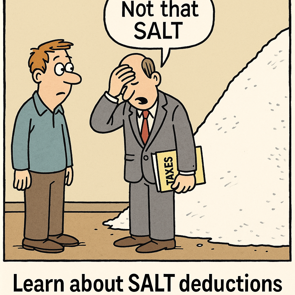 A quirky comic showing a man standing in front of a mountain of salt while his accountant facepalms, holding a 'TAXES' folder, and exclaiming 'Not that SALT'. The caption reads 'Learn about SALT deductions.'