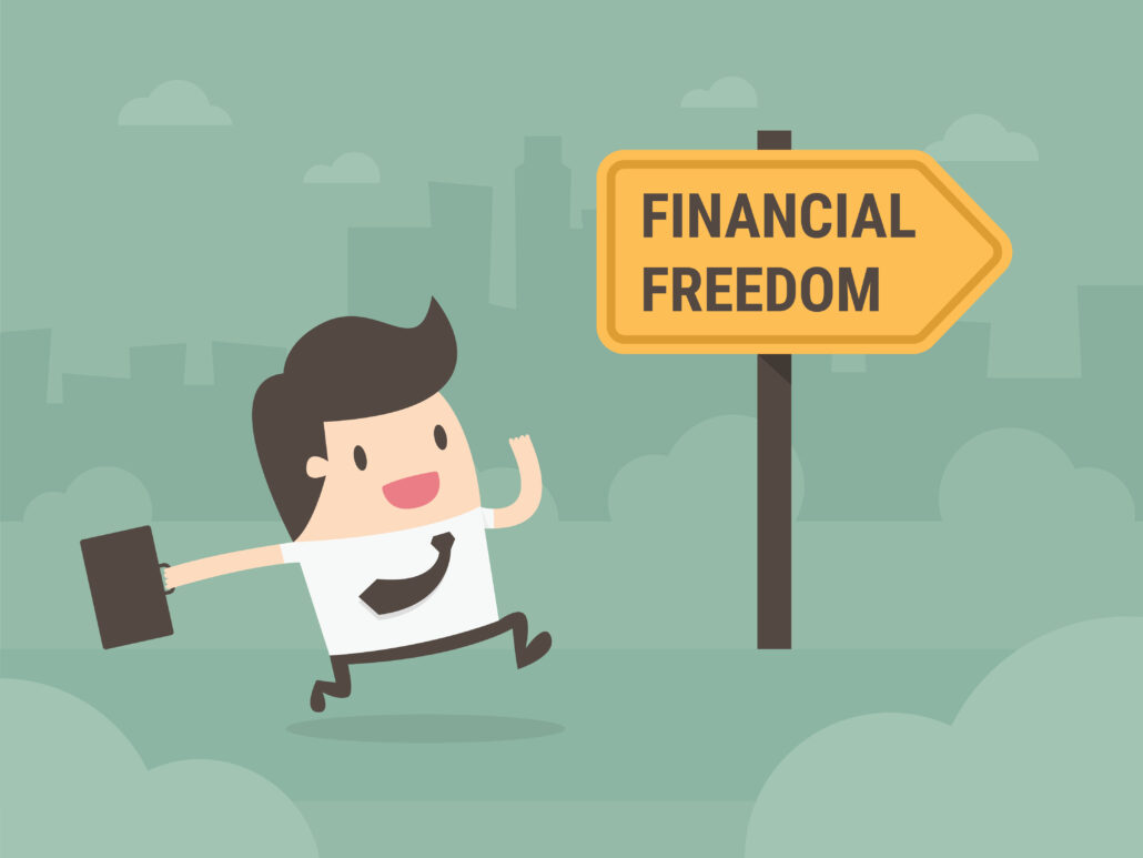 Cartoon businessman running excitedly toward a sign labeled "Financial Freedom"