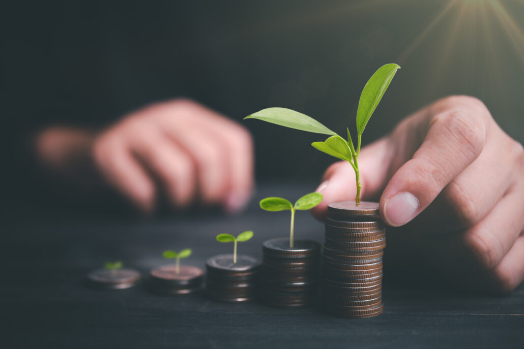 Cascading coins transforming into growing seedlings, symbolizing investment growth and wealth accumulation.