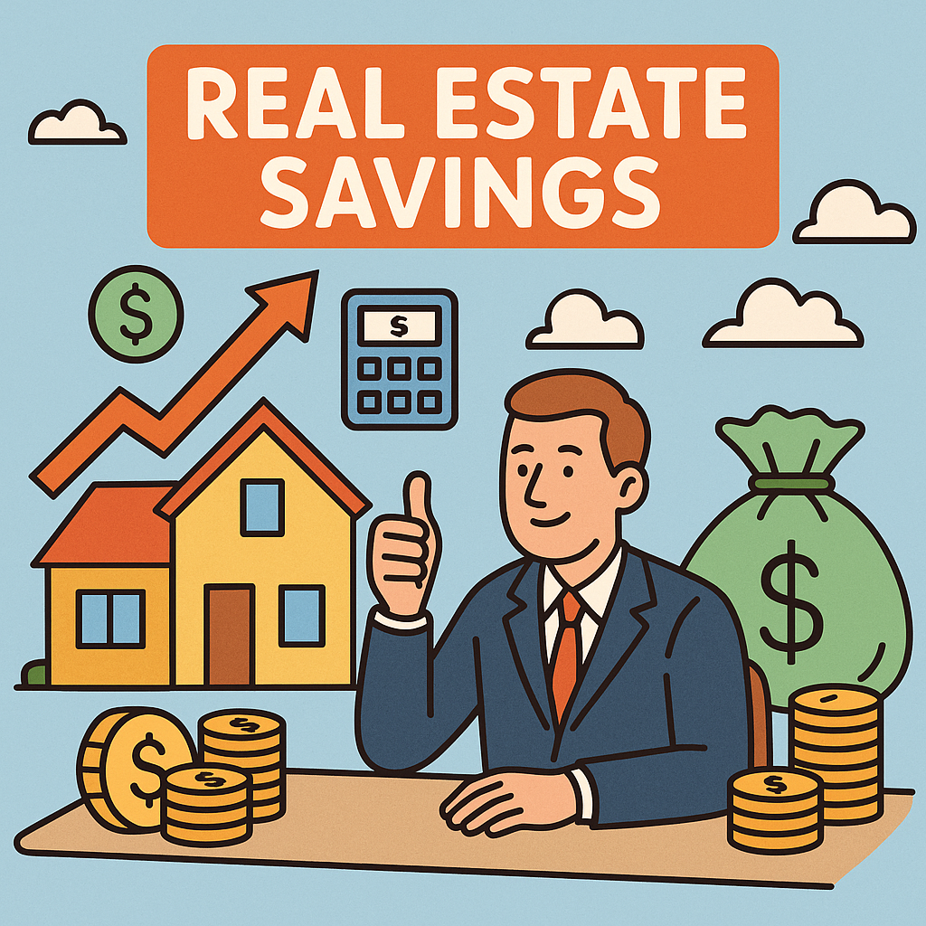 Illustration of a businessman with a thumbs-up gesture surrounded by icons representing real estate savings, such as a house, money bag, stack of coins, and financial growth symbols.