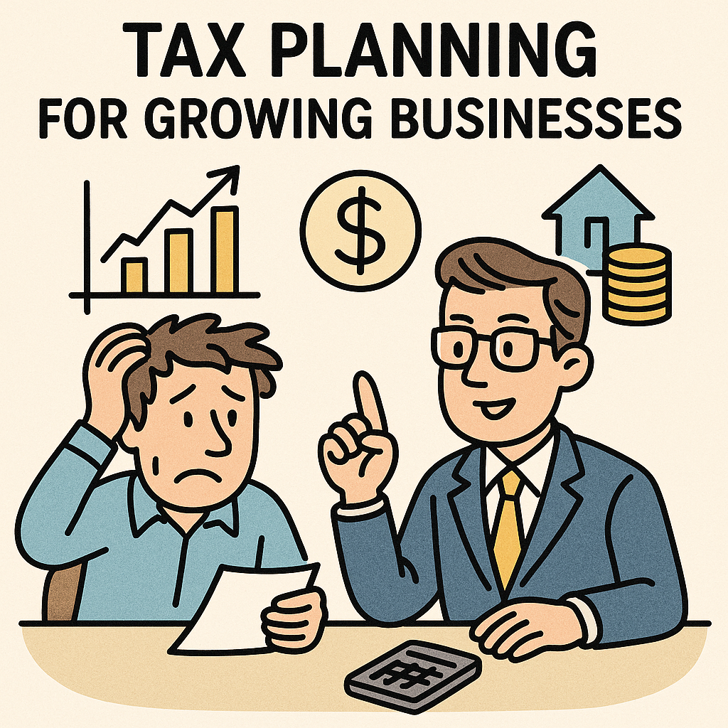 "Illustration of a small business owner surrounded by paperwork, calculators, and tax documents, while a professional accountant points at the documents saying 'This is why you can't DIY forever!'"