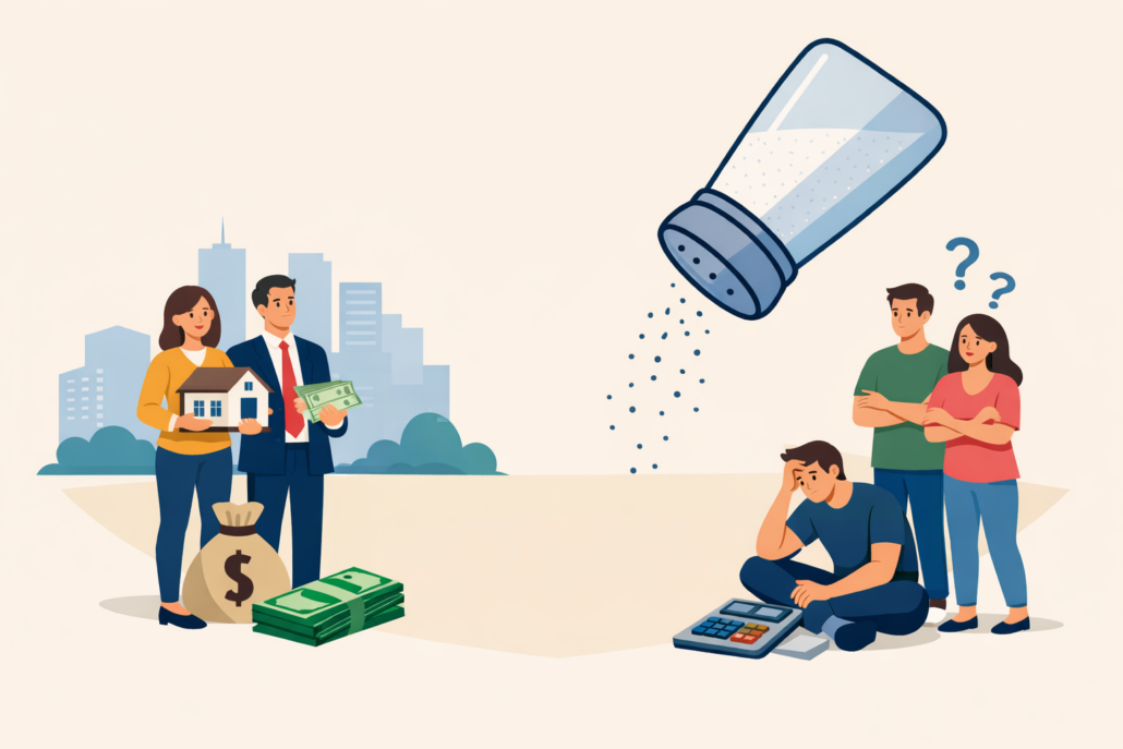 Flat illustration showing a salt shaker dividing two groups: one benefiting and one confused, representing who benefits from current SALT cap rules