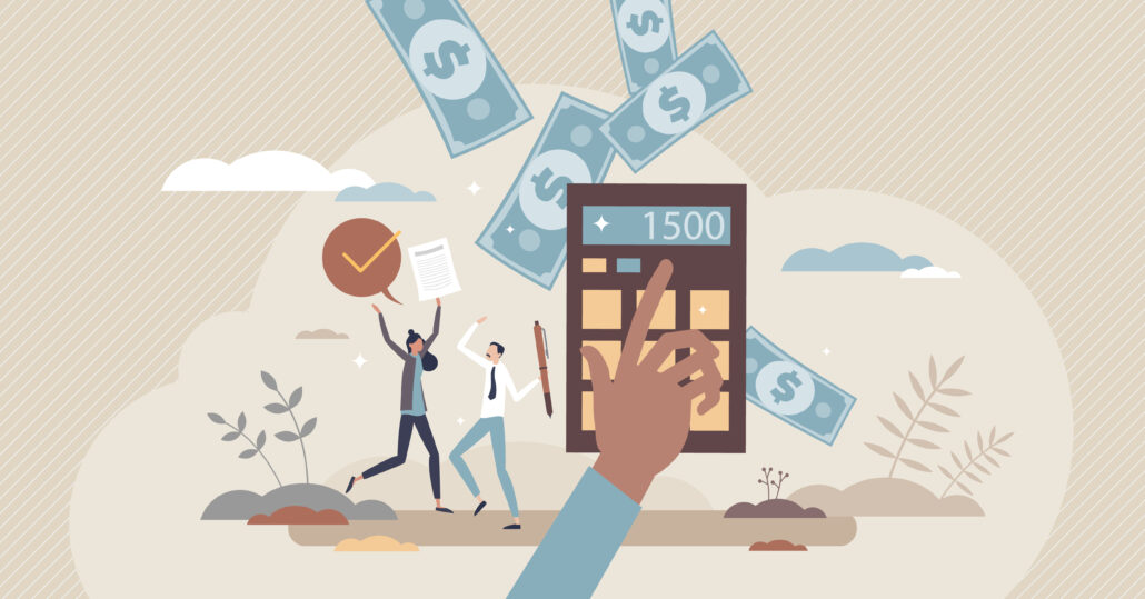 Illustration of a large calculator showing 1500 with money falling and two professionals reviewing tax paperwork