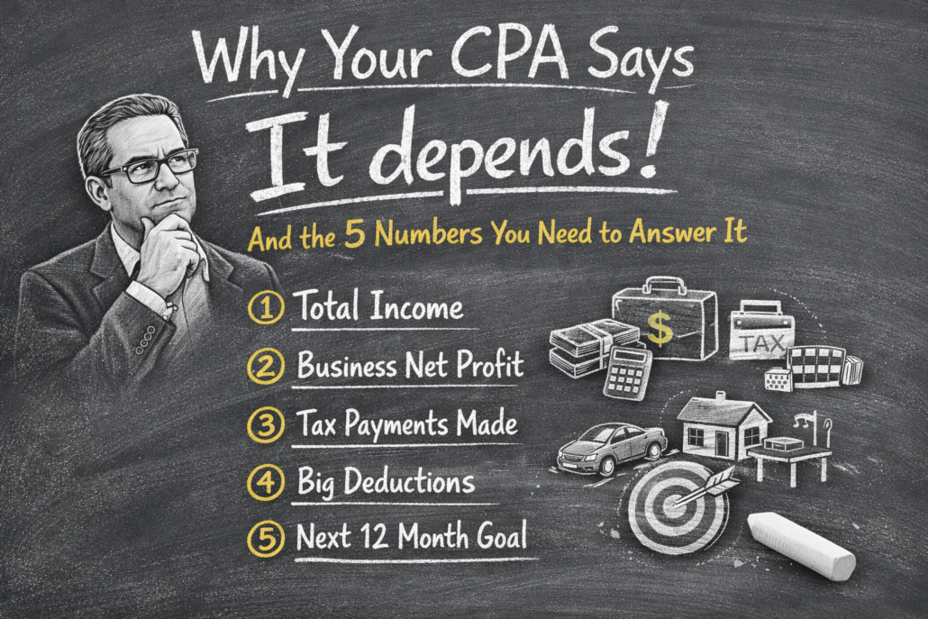 Chalkboard-style illustration showing “Why Your CPA Says It Depends” and five numbers for high-income tax planning