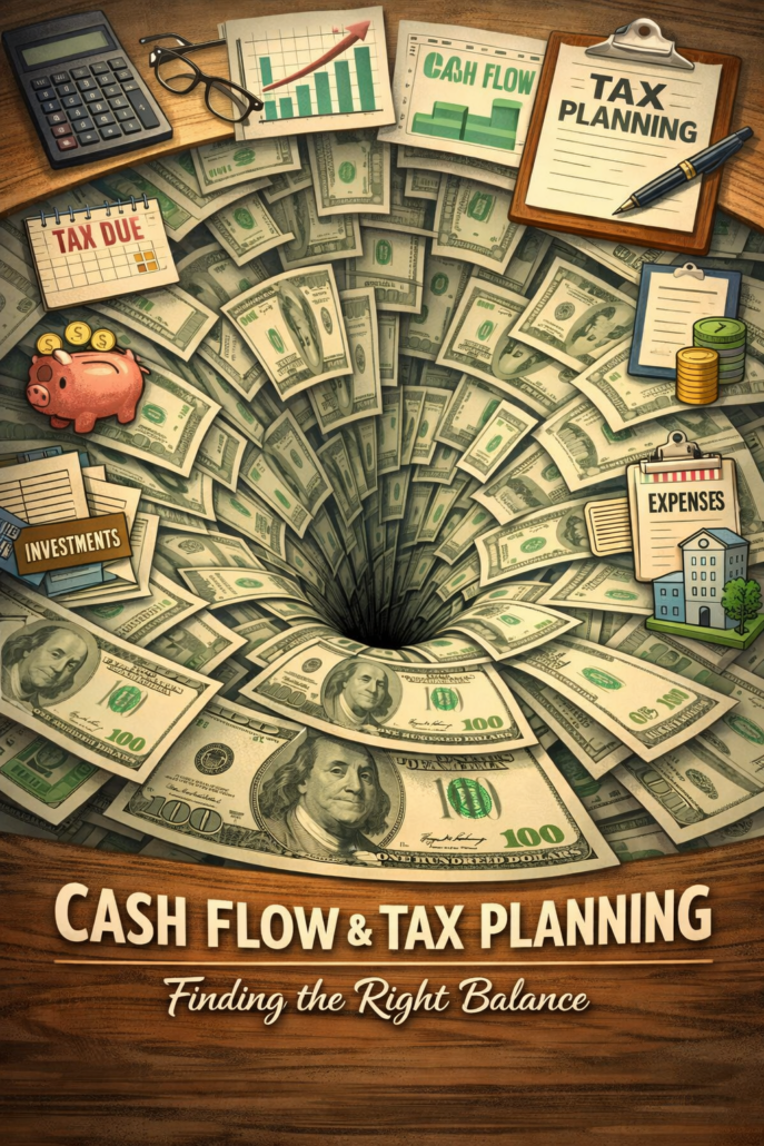 Illustration of money spiraling into a financial vortex with tax planning, cash flow, expenses, and investment visuals