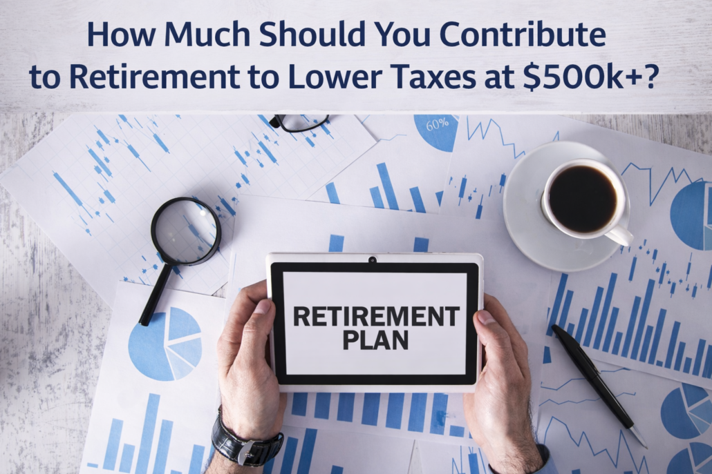 Business owner reviewing a retirement plan on a tablet with charts and financial documents to lower taxes at $500k+