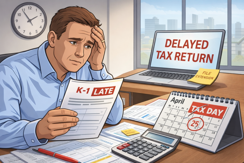 Business owner reviewing a late K-1 form at a desk with tax papers, calculator, and delayed tax return reminder