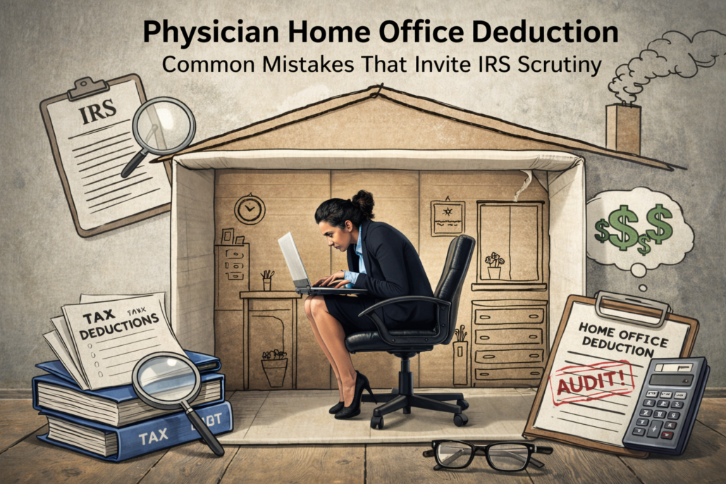 Illustration of a physician in a home office showing common deduction mistakes that may trigger IRS scrutiny