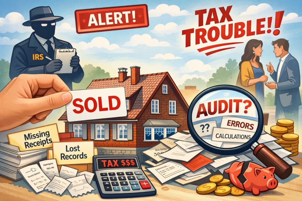 Illustration of a sold home, missing receipts, tax paperwork, and audit risk after poor recordkeeping following a home sale