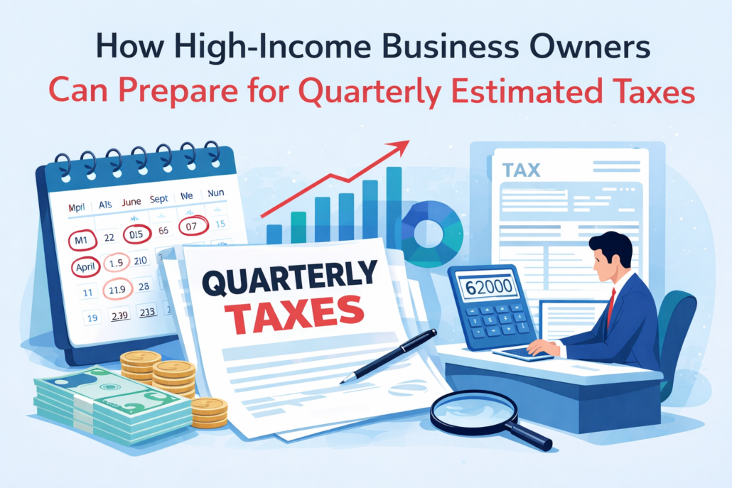 Illustration of a high-income business owner reviewing quarterly estimated taxes with a calculator, tax documents, calendar, and financial chart