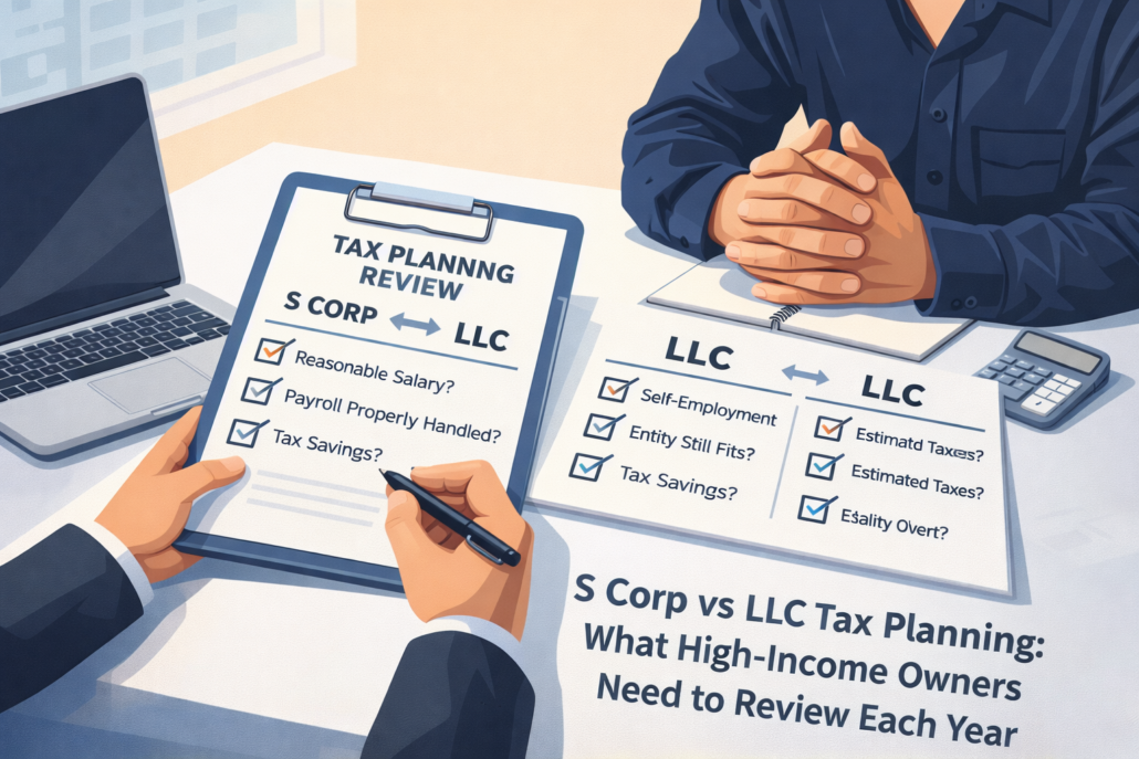Illustration of S Corp vs LLC tax planning review for high-income business owners
