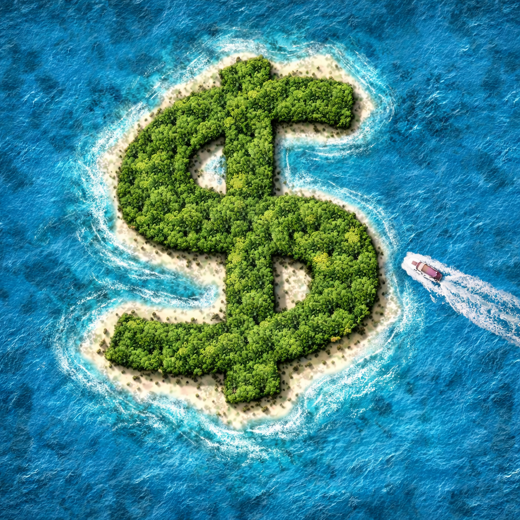 Dollar-sign island in the ocean showing safe harbor rules for high-income tax planning, business tax planning, and 1099 income tax planning.