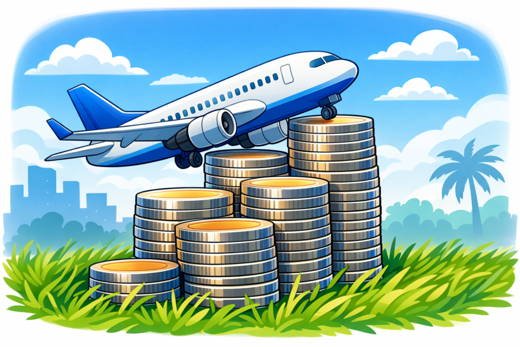 Illustration of an airplane on stacked coins representing travel expense deductions and tax planning for business owners