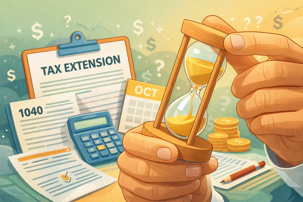 Illustration of hands holding an hourglass beside tax documents, a calculator, and coins to represent post-extension tax planning