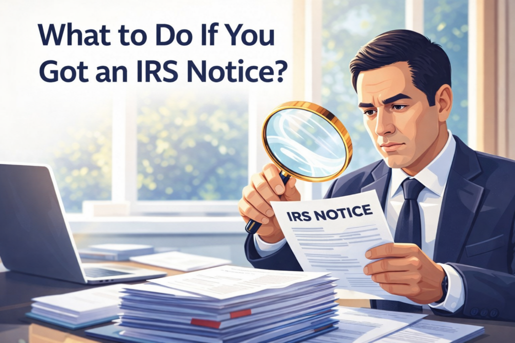 Business owner reviewing an IRS notice with a magnifying glass at a desk