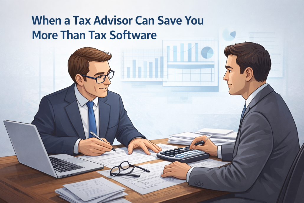 Illustration of a tax advisor meeting with a high-income business owner to review tax planning, business finances, and tax savings strategies