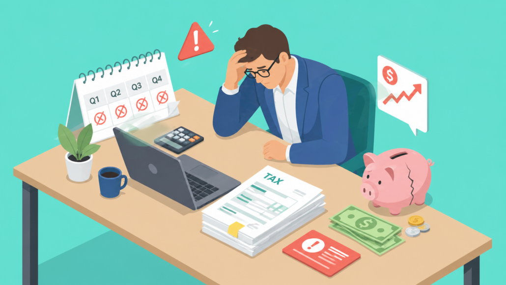 Illustration of a stressed business owner reviewing missed quarterly tax payments, tax forms, and rising penalty costs.