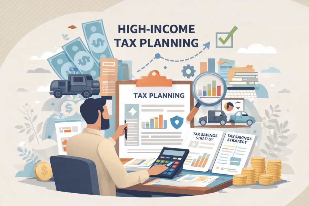 Illustration of a high-income business owner reviewing tax planning documents, calculator, charts, and savings strategies at a desk