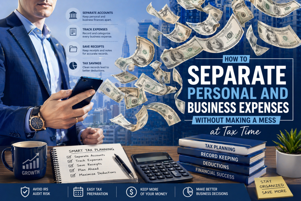 Illustration of a business owner organizing personal and business expenses for tax planning and cleaner records