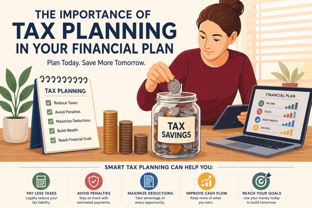 Illustration of a woman adding coins to a tax savings jar beside a laptop and financial planning checklist