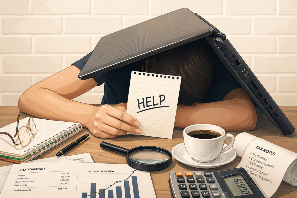 Illustration of a stressed taxpayer holding a help sign while reviewing tax papers, showing IRS tax relief for high-income earners.