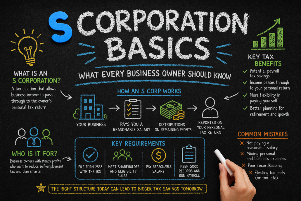 Chalkboard-style illustration explaining S corporation basics, tax benefits, rules, and common mistakes for business owners