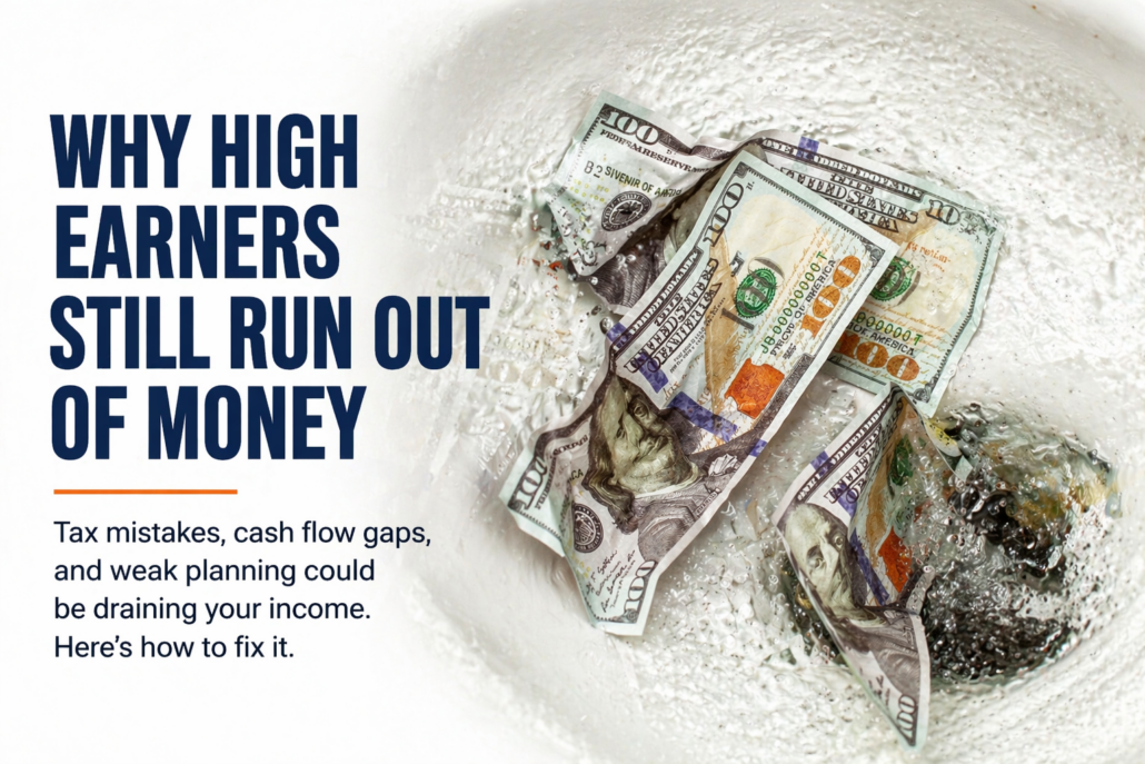 Money being flushed down a drain with text about why high earners still run out of money