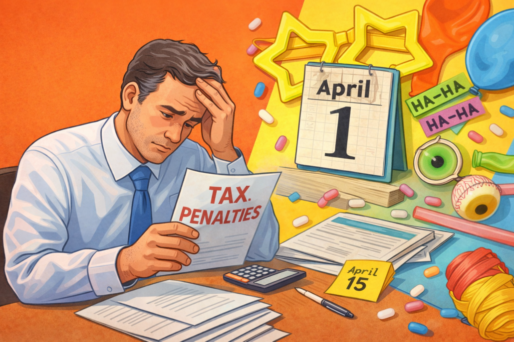 Illustration of a high-income earner reviewing tax papers after getting hit with estimated tax penalties during April tax season