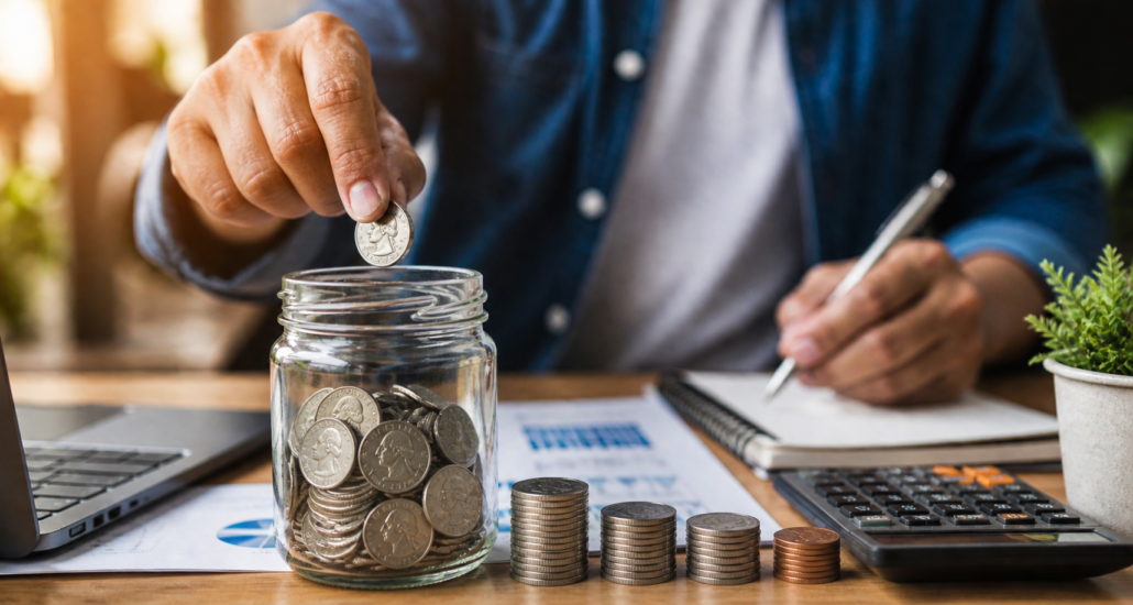 Business owner placing USD coins into a savings jar while planning taxes and finances for 2026.