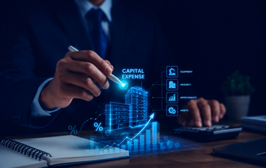 Business professional reviewing capital expense data, property assets, equipment, and tax planning charts.